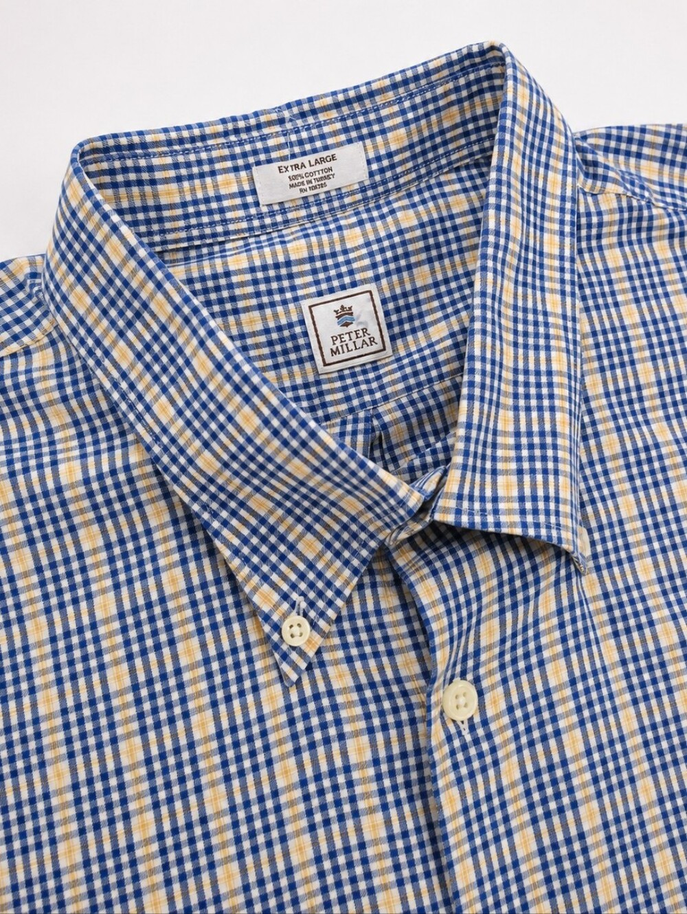 Peter Millar XL Blue Yellow Plaid Button Down Cotton Shirt